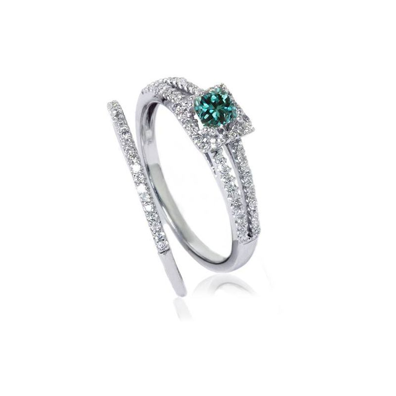 Pompeii3 3/4ct Blue Diamond Princess Cut Halo Diamond Engagement Ring Set 14K White Gold, 3 of 5