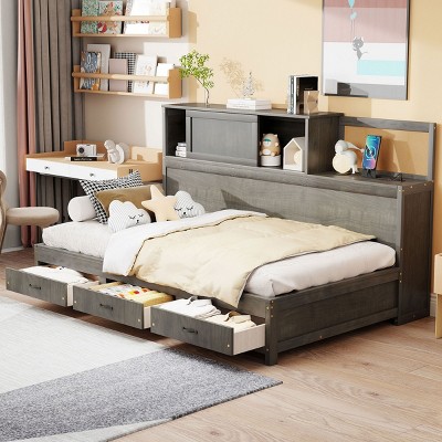 1pc Wooden Daybed, Solid Wood Frame with USB Ports and 3 Storage Drawers, No Box Spring Required - Baofuwish