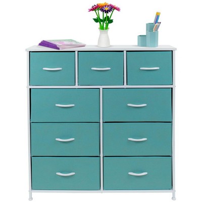 Aqua 9-Drawer Steel Frame Nursery Dresser with Fabric Bins