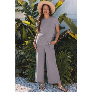 Solid Corded Knit Short Sleeve T Shirt and Wide Leg Pants Set - 1 of 1