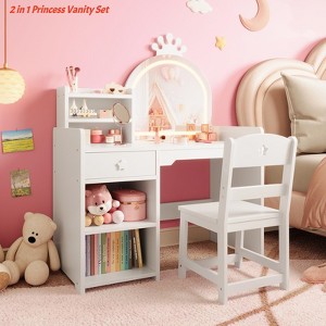 Girls Vanity w/Lights 2 in 1 Princess Makeup Vanity Desk Toddler Vanity Table & Chair Set w/ Open Bookshelf Storage Cabinet - 1 of 4