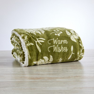 Holiday Botanical Green Velvet Plush Sherpa Reversible Throw Blanket