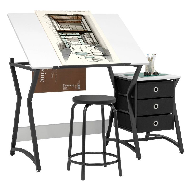2pc Hourglass Craft Center Drawing Desk with Angle Adjustable Top Drawers and Stool - Studio Designs Home, 3 of 19