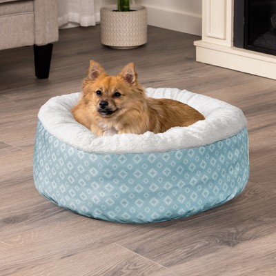 Small Aqua Plush Diamond Print Calming Donut Pet Bed