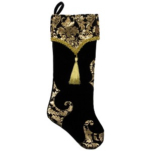 Northlight 21.5" Black and Gold Damask Velveteen Christmas Stocking with Tassel - 1 of 4