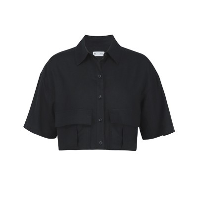 Women's Linen Cropped Button-down Utility Top - Black Beauty, Small ...