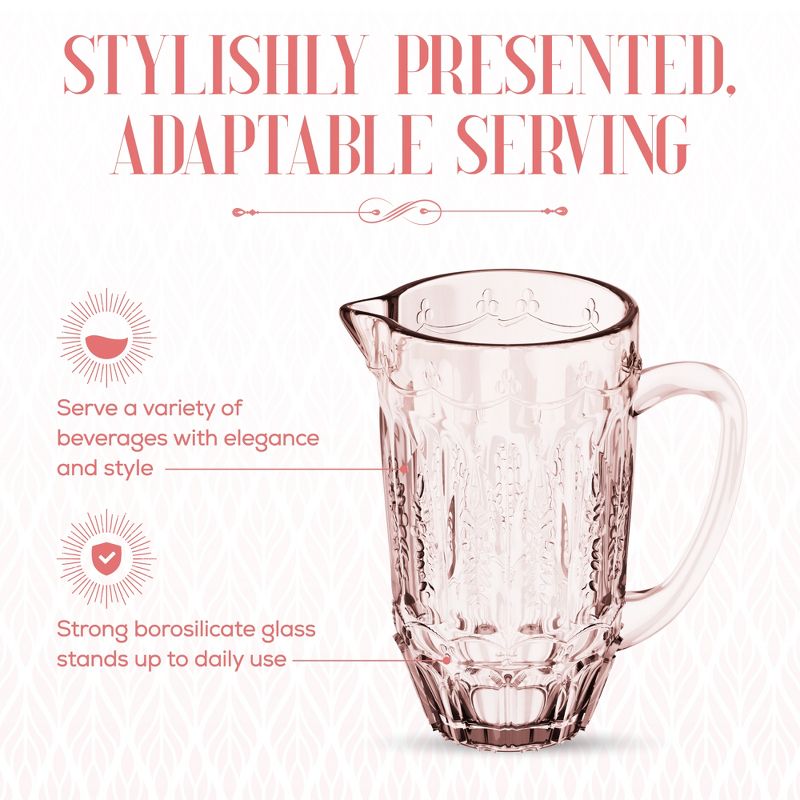 Elle Décor Vintage Glass Pitcher, Water Carafe Jug for Iced Tea, 43.9 OZ, Pink, 5 of 8