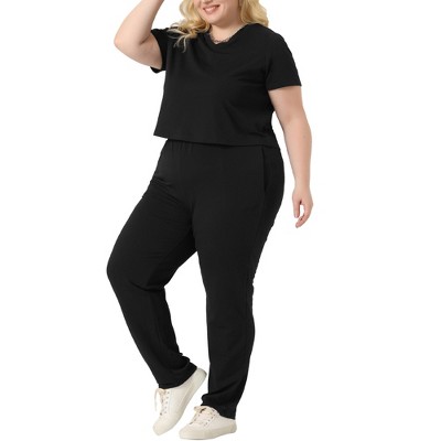 Agnes Orinda Women's Plus Size Short Sleeve V Neck Sweatshirt Sweatpants  2-Pc Sports Suit Sets Black 1X