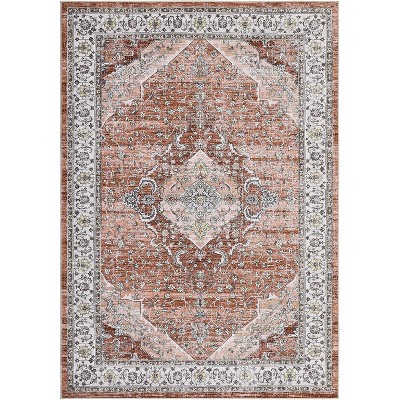Washable Vintage Oriental Area Rug, Low Pile Non-Slip Soft Neutral Floor Carpet for Living Room Bedroom Office Nursery