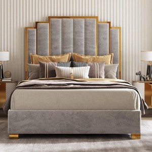 AMERLIFE Upholstered Bed, Modern Velvet Bed Frame with 61.4" Tall Gold Trim Headboard - 1 of 4
