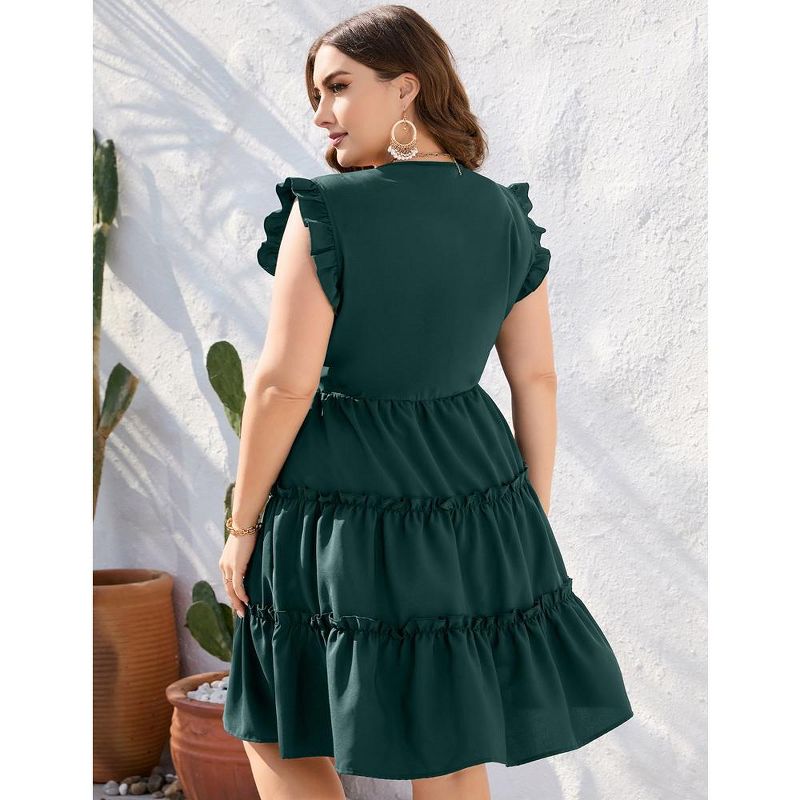 Plus Size Sleeveless Summer Dress for Women Ruffle Short Sleeve Smocked Dress V Neck Babydoll Midi Dress, 4 of 8