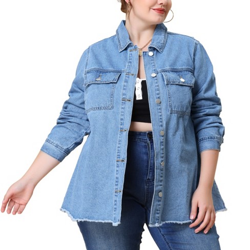 Agnes Orinda Women's Plus Size Jacket Casual Washed Frayed Denim