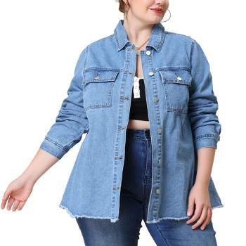 Agnes Orinda Women's Plus Size Jacket Casual Washed Frayed Denim Jackets