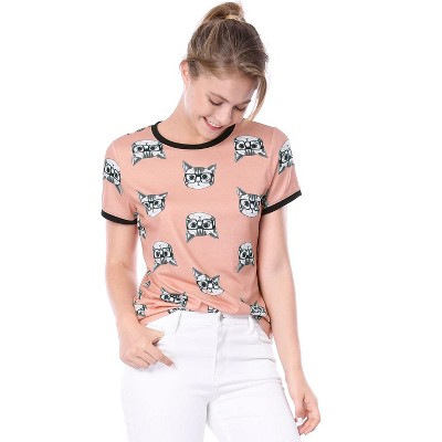 Plus Ladies Short Sleeve T-Shirt Cat Print Women Summer Casual Blouse Tee Tops 