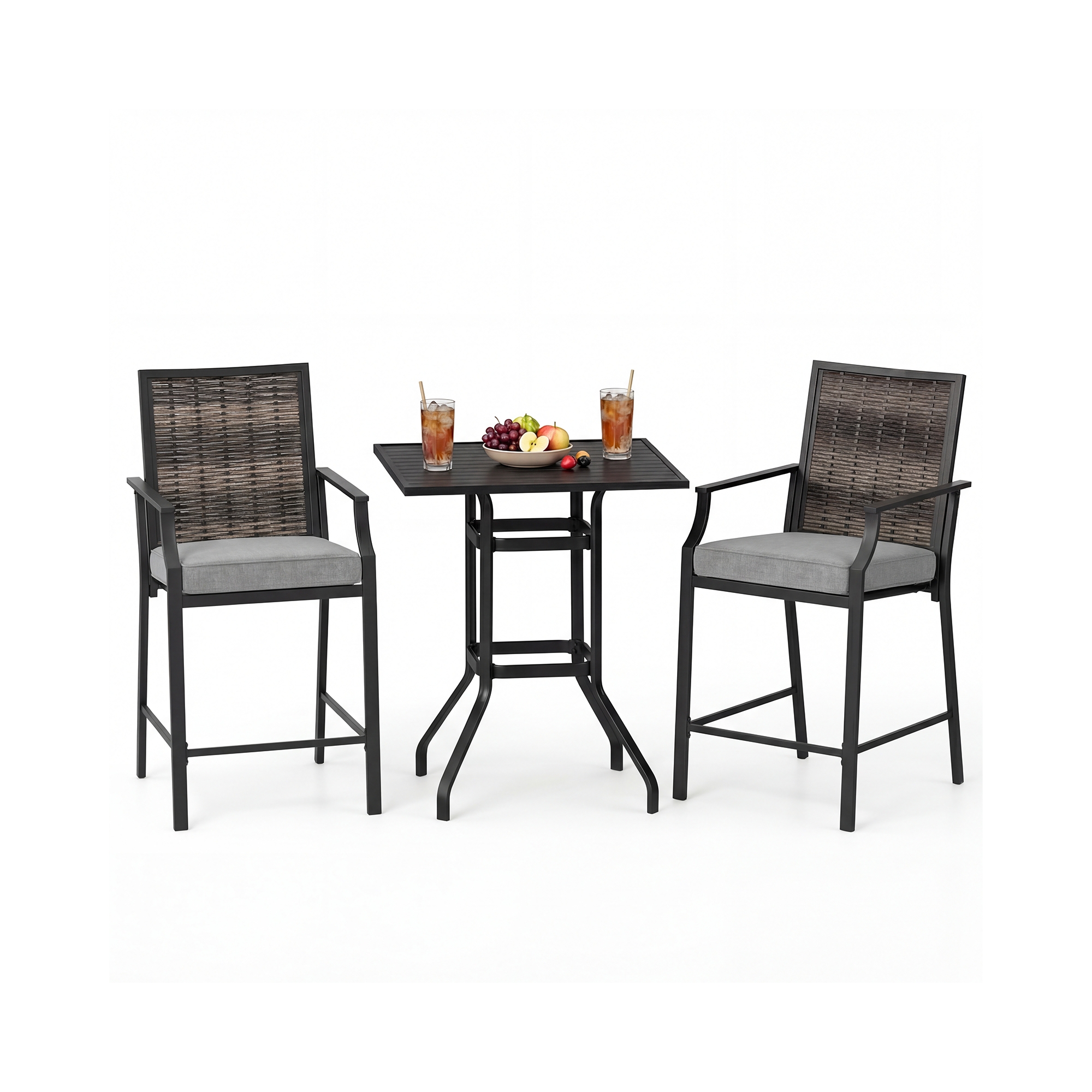 Gymax 3PCS Outdoor Bar Set High Top Patio Bar Table & Rattan Wicker Chairs w/Cushions