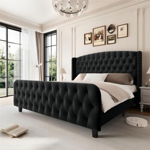Diamond Button High-Back Upholstered Bed, Modern High Platform Bed Frame, Solid Wood with Soft and Comfortable Sponge Velvet, Bedroom Furniture - 1 of 4