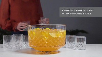 Viski Admiral Punch Bowl Set with 8 Tumblers, Cut Crystal Cocktail Party  Serveware, Dishwasher Safe, 2.5 Gallons, 9 Oz Glasses, Set of 9