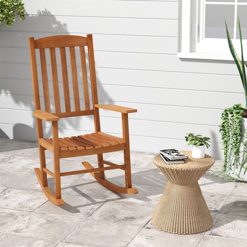 Tangkula Patio Rocking Chair w/ 400 lbs Weight Capacity Eucalyptus Wood Porch Rocker w/ High Back, 2 of 9
