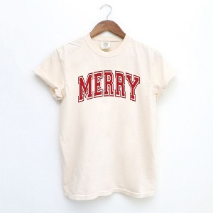 Simply Sage Market Women's Merry Varsity Thick Outline Short Sleeve Garment Dyed Tee - 1 of 4