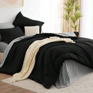 Black Queen Bed Set - 7 Piece Boho Design with Black Grey Comforter, Sheets Shams - 1 of 4