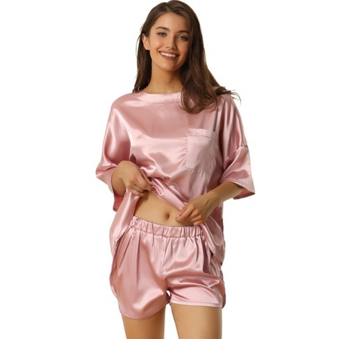 cheibear Women's Soft Satin Short Sleeve T-Shirt and Shorts with Pockets  Pajama Sets 2 Pcs Pink XX-Large