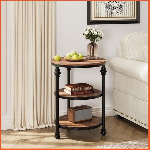 Round End Table with Storage Shelves, 3-Tier Round Farmhouse Side Table w/Mental Support Legs - 1 of 4