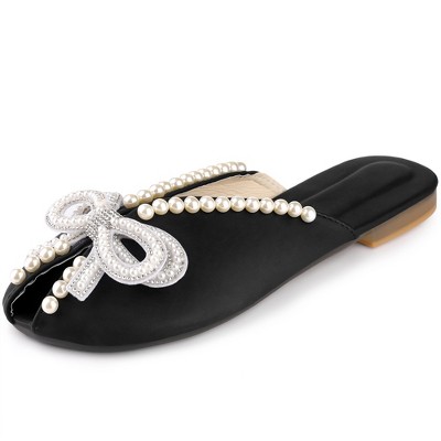 Perphy Women's Peep Toe Pearl Decor Slip-on Flat Slides Mules