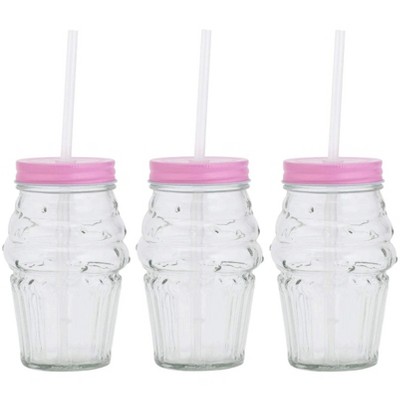 Amici Home Ice Cream Color Lid 16 oz Glass Mason Jars with Reusable Straws,  Set of 3,Green Lid