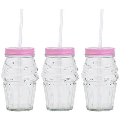 Amici Home Ice Cream Color Lid 16 Oz Glass Mason Jars With Reusable Straws,  Set Of 3,pink Lid : Target