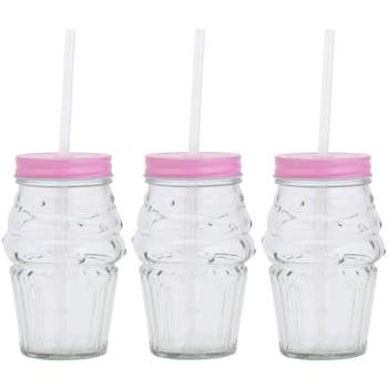 Amici Home Ice Cream Color Lid 16 oz Glass Mason Jars with Reusable Straws, Set of 3