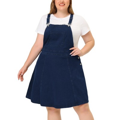 Agnes Orinda Women's Plus Size Suspender Skirt Patch Pocket Side Button Denim Overall Dress
