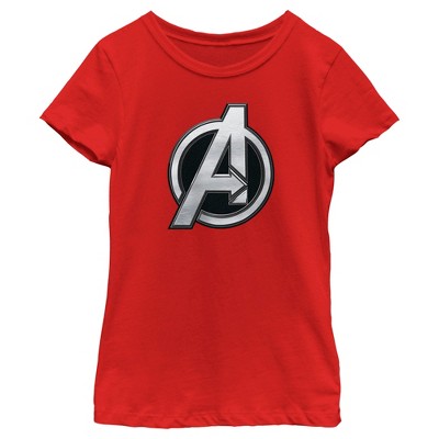 Girl's The Marvels Silver Avengers Logo T-shirt - Red - Medium : Target