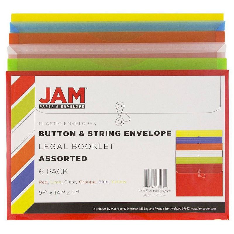 JAM Paper Legal Size Multicolor Plastic Envelopes, 6-Pack, Button & String Tie Closure, Document Storage & Filing Accessories, 2 of 5