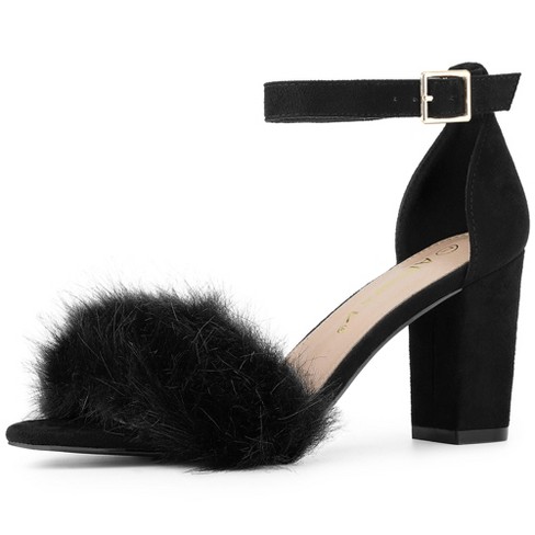 Allegra K Women's Faux Fur Buckle Closure Ankle Strap Block Heels ...