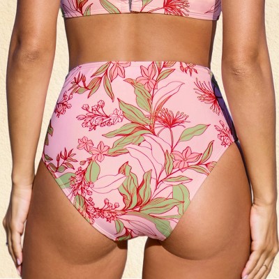 Women's Tropical Pink Floral High-Waisted Bikini Bottoms - Cupshe-L-Pink