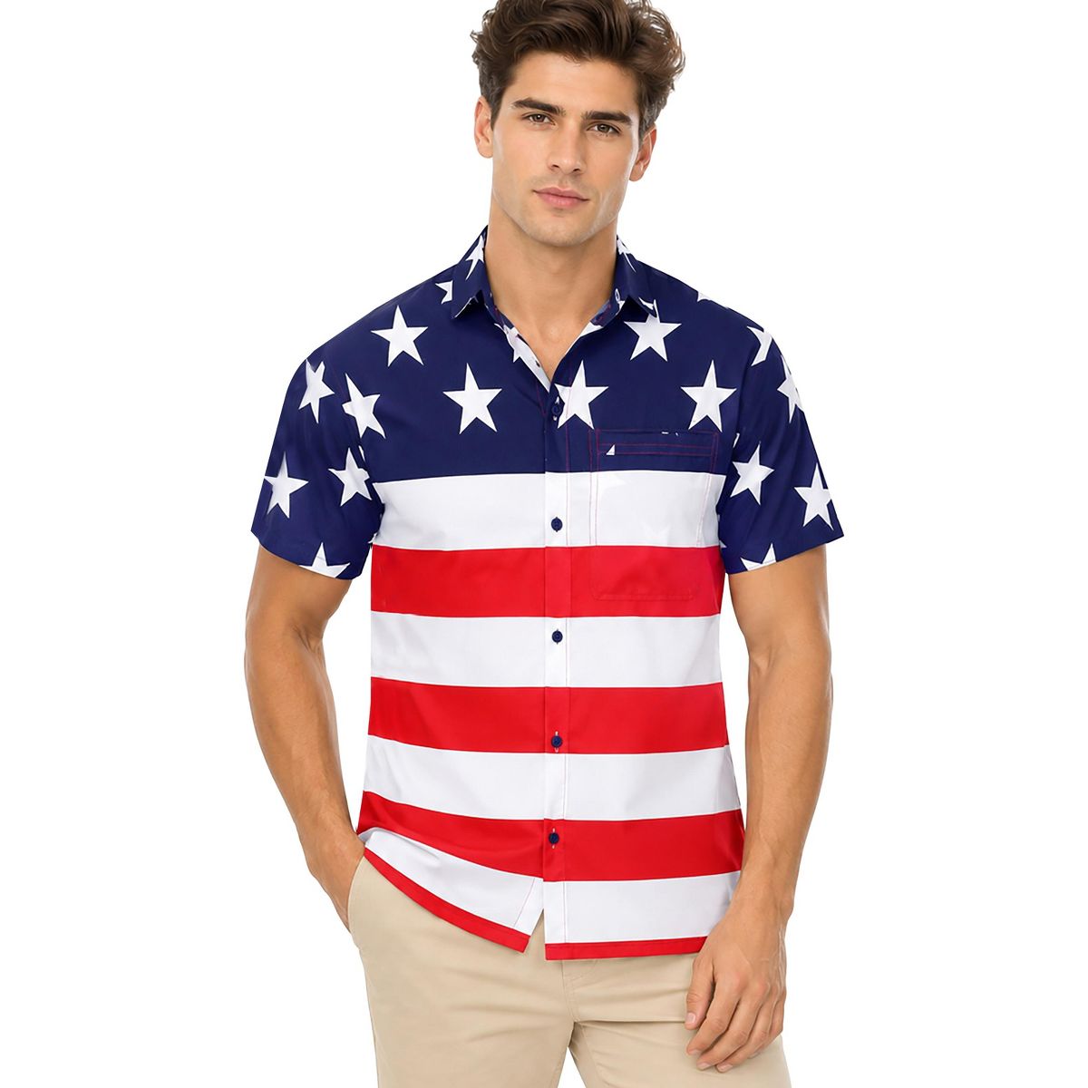LA LEELA Mens Hawaiian Shirts Short Sleeve Button Down Shirt Mens 4th of July Patriotic Shirts Casual Holiday Summer Party Shirts Funny 3XL Red Flags