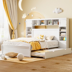 Queen Size Wooden Bed With All-in-One Cabinet and Twin XL Trundle - 1 of 4