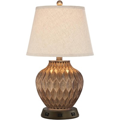 360 Lighting Accent Table Lamp with USB and AC Power Outlet Workstation Charging Base 22" High Warm Bronze Drum Shade Living Room Desk