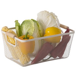 Basicwise Multipurpose Metal Mesh Basket with Wooden Handle Storage Organizers for Kitchen, Bathroom, Cabinet, and Closet - 1 of 4
