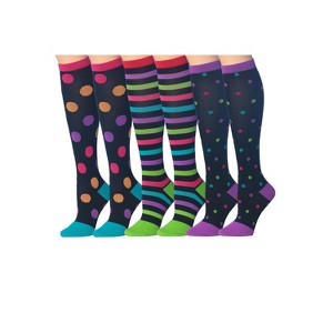 Tipi Toe 3 Pairs Compression Socks for Men & Women Daring Dots & Electric Stripes Bold Palette Patterned Knee High Socks (12-14 mmHg) - 1 of 1