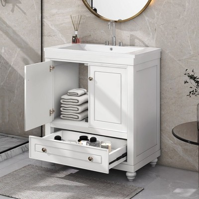 LOVMOR Bathroom Vanity with Ceramic Sink, Doors & Drawers, Modern Bathroom-Storage Cabinet, Solid Wood Frame Set