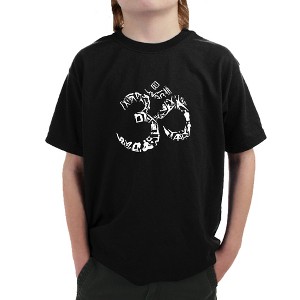 LA Pop Art Boy's Word Art T-shirt - THE OM SYMBOL OUT OF YOGA POSES - 1 of 4