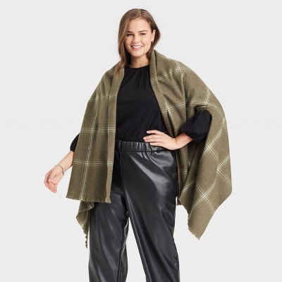 Women's Plus Size Plaid Wrap Jacket - A New Day™ Olive One Size