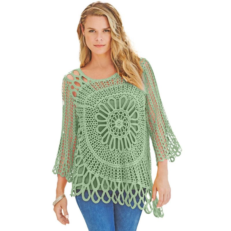 Roaman's Women's Plus Size Starburst Crochet Sweater, 1 of 2