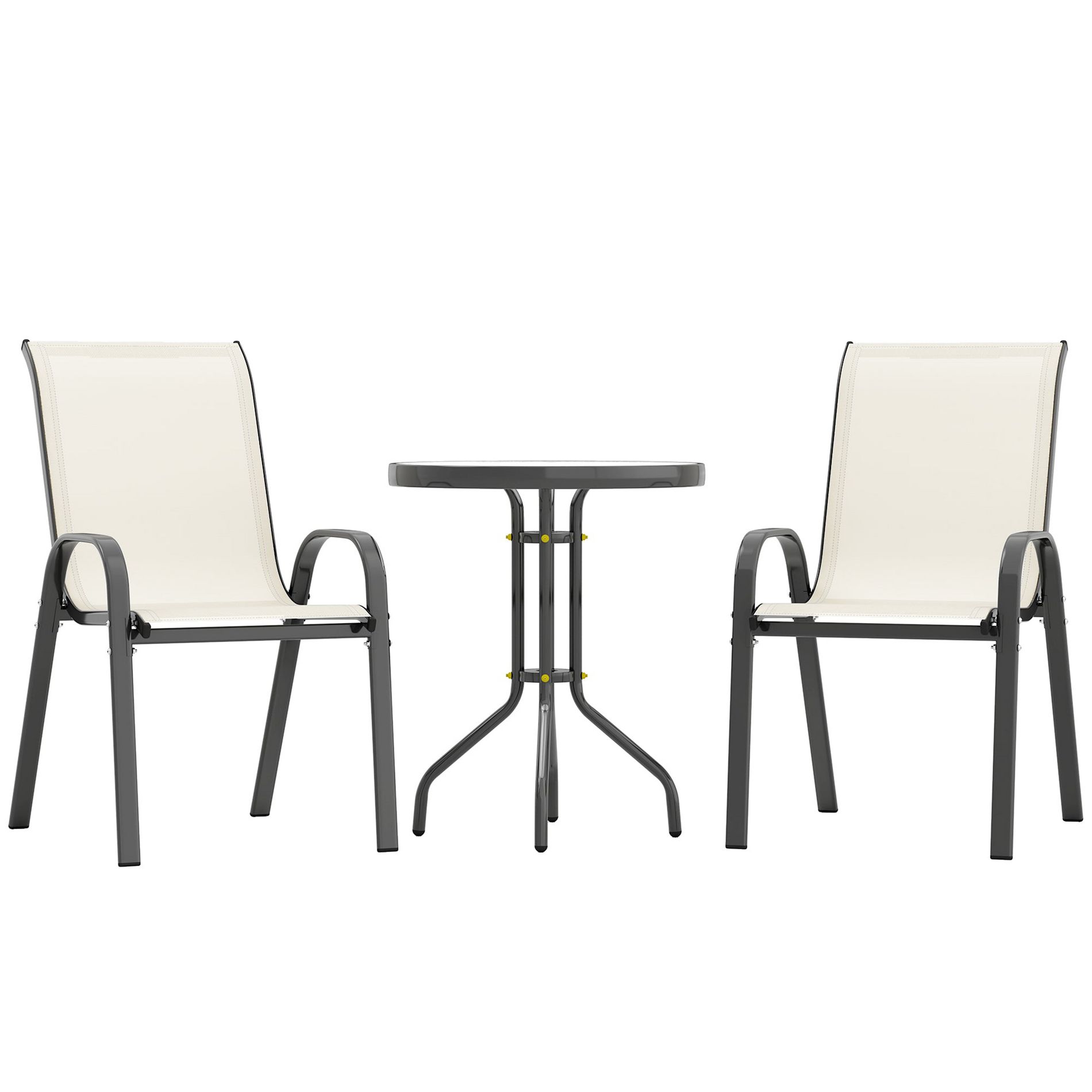 Aghana Digitals 2-Chair & Glass Table Bistro Set: Stackable Mesh Seats, Steel Frame for Beige 28.00×21.30×36.60 in