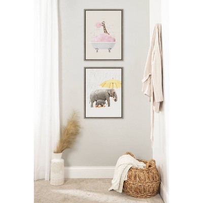 Gray Framed Canvas Wall Art with Giraffe in Bath, 18x24
