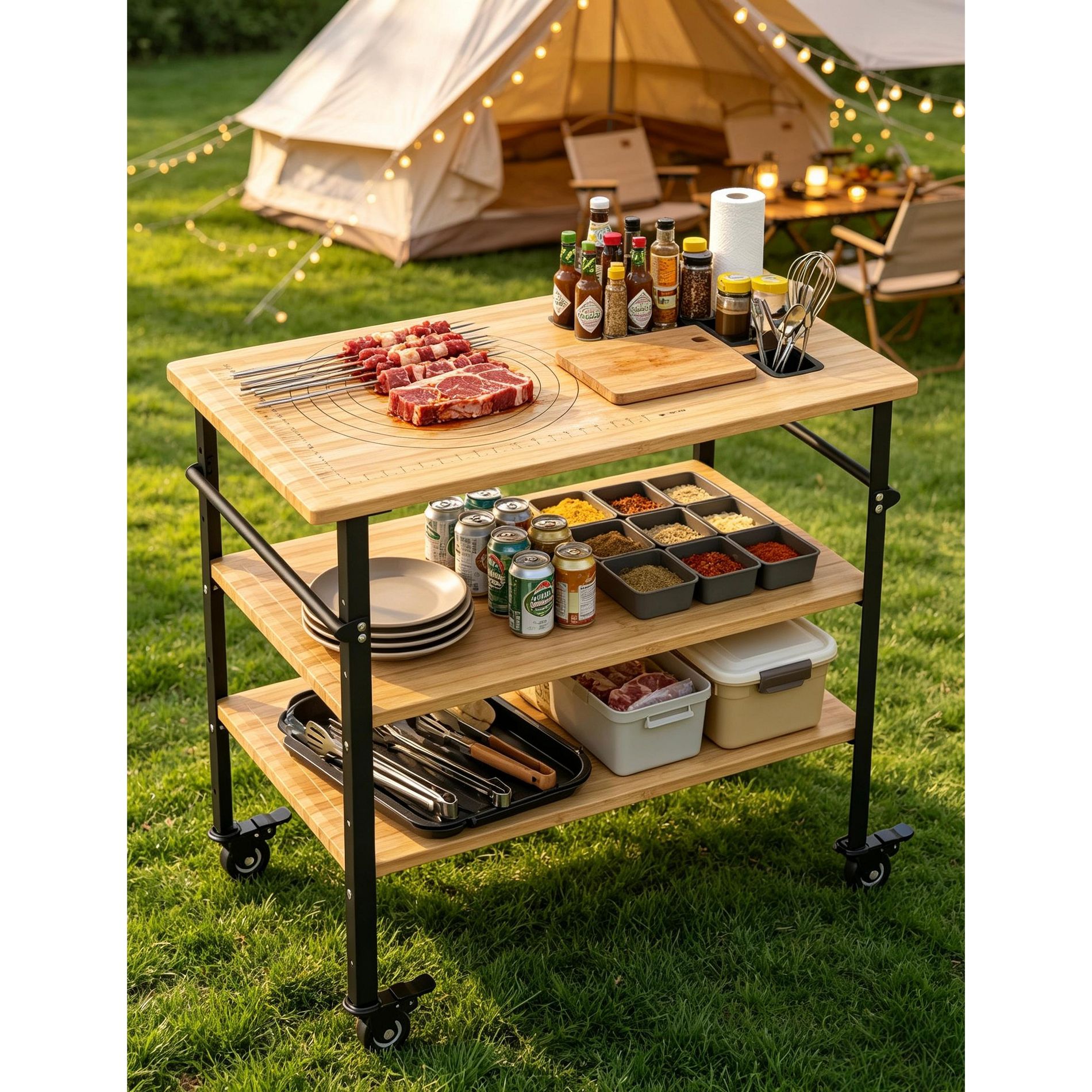 Bamboo Pizza Oven Table, 3-Tier Outdoor Rolling Grill Cart, Adjustable Height 660 lbs Capacity, BBQ Prep Stand for Patio Kitchen