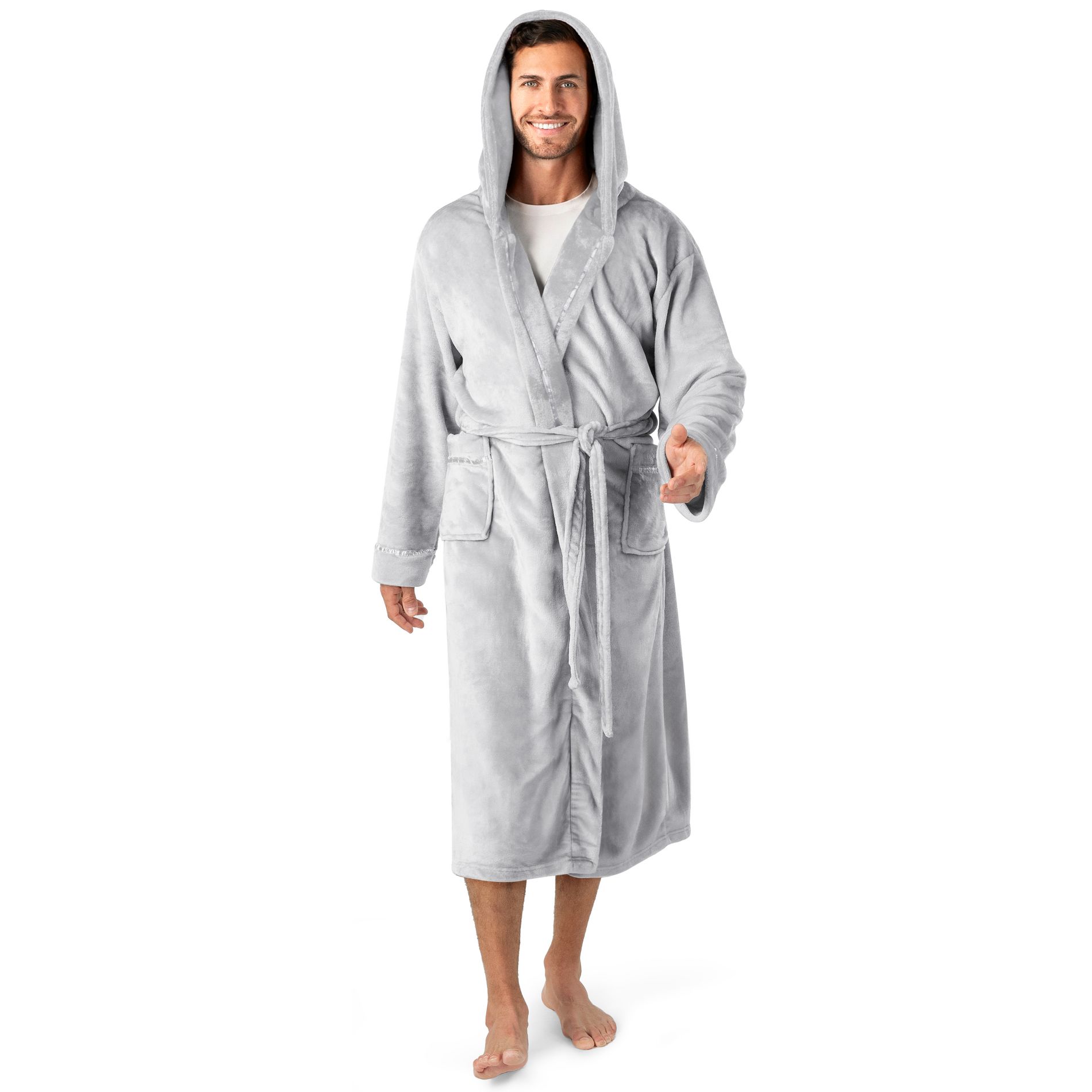 PAVILIA Mens Robe, Hooded Soft Bathrobe for Men, Fleece Plush Warm Shawl Collar Hood Pockets for Bath Shower Spa (Light Gray with Hood, One Size)