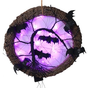 Northlight 15" LED Lighted Rattan with Bats Halloween Wreath - Purple Lights - 1 of 2