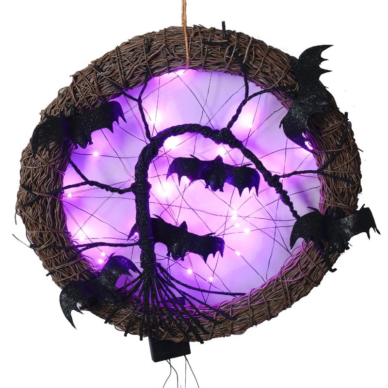 Northlight 15" LED Lighted Rattan with Bats Halloween Wreath - Purple Lights, 1 of 3